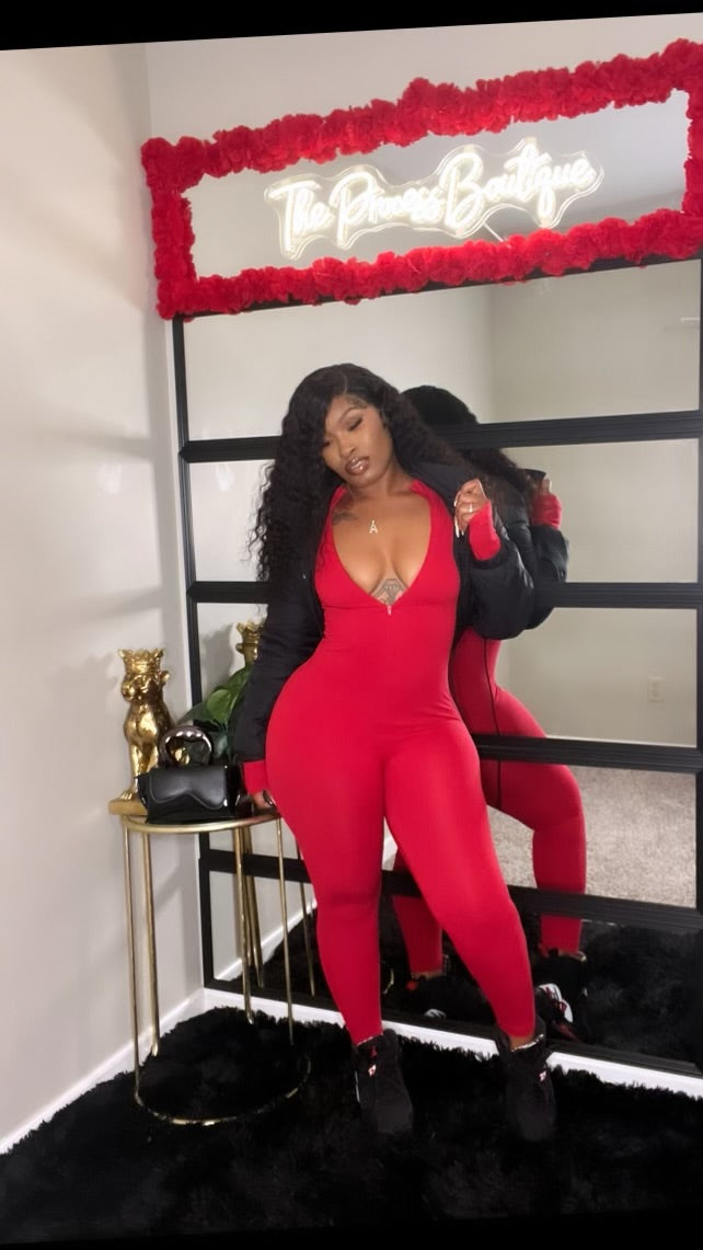 Stretch Me Out- red zip up long sleeve jumpsuit