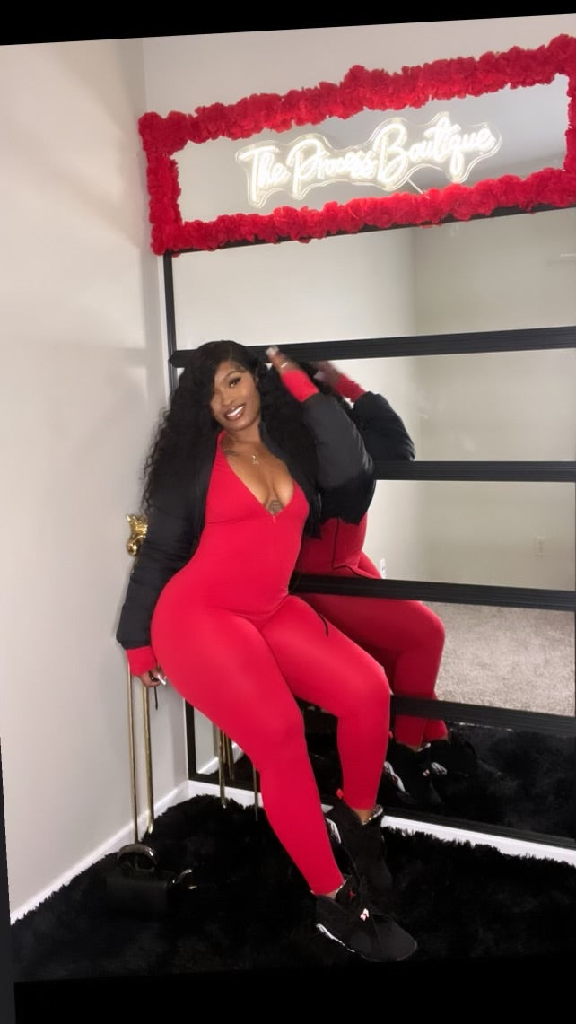 Stretch Me Out- red zip up long sleeve jumpsuit