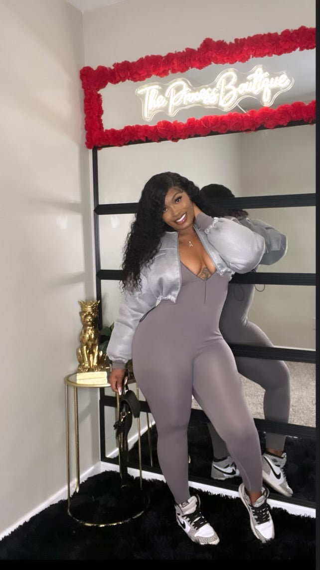 Stretch Me Out-zip up long sleeve ribbed, Gray bodysuit