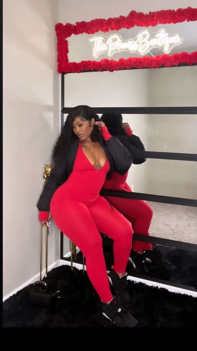 Stretch Me Out- red zip up long sleeve jumpsuit