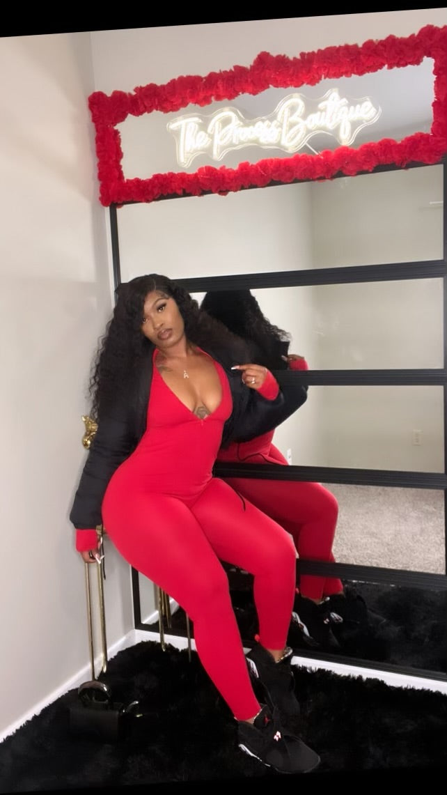 Stretch Me Out- red zip up long sleeve jumpsuit