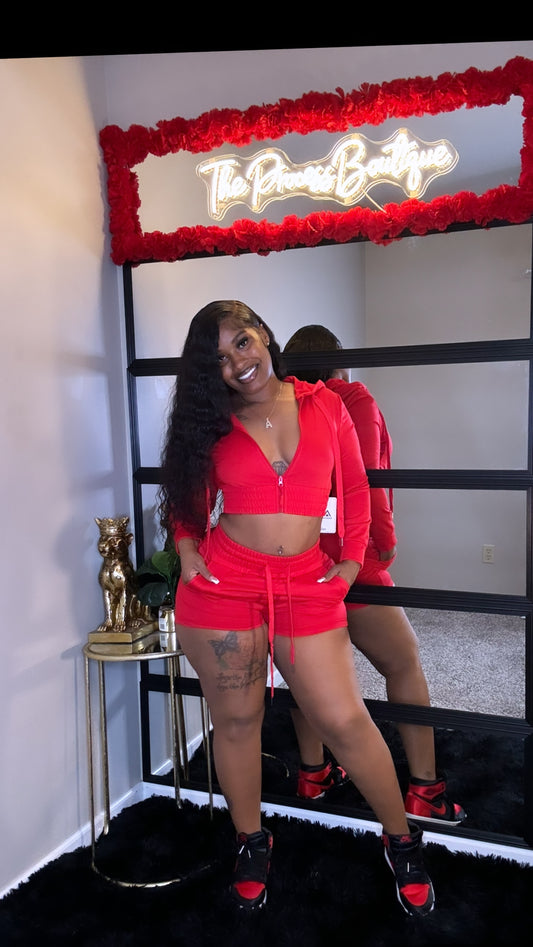 Red basic zip up jacket & short set