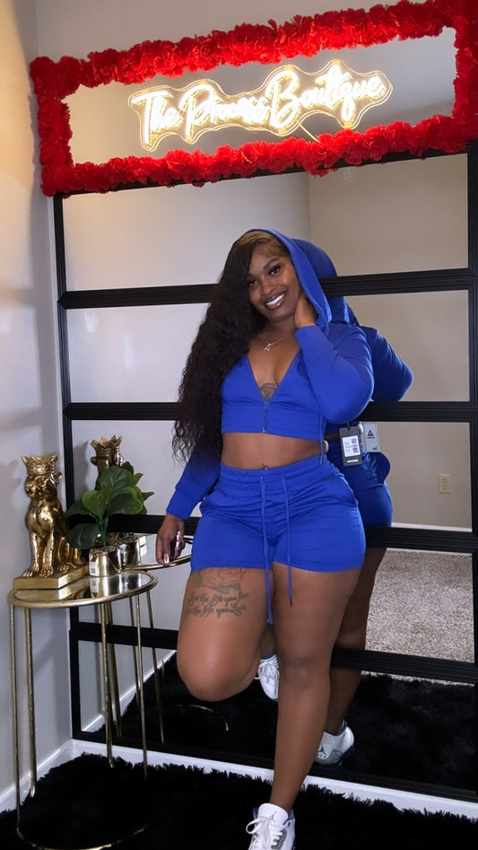 Blue, basic zip up jacket is short set